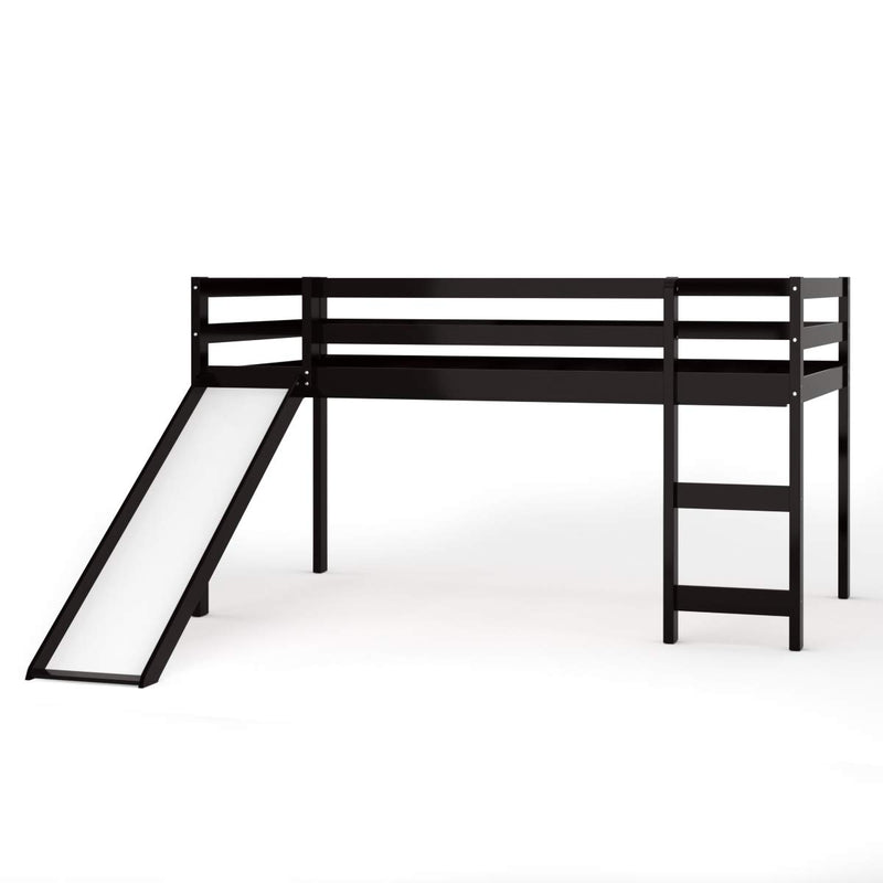 KOMFOTT Twin Loft Bed with Slide, Wood Low Loft Bed with Ladder & Guard Rail