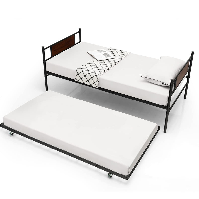 KOMFOTT Twin Metal Daybed with Trundle, Twin Size Sofa Daybed Frame, Heavy-Duty Steel Slats Support Platform Bed