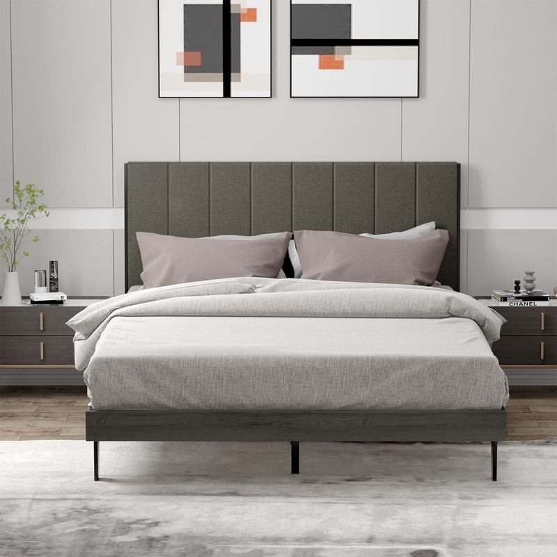 Upholstered Bed Frame, Wooden Slats Support Queen Mattress Foundation, Grey