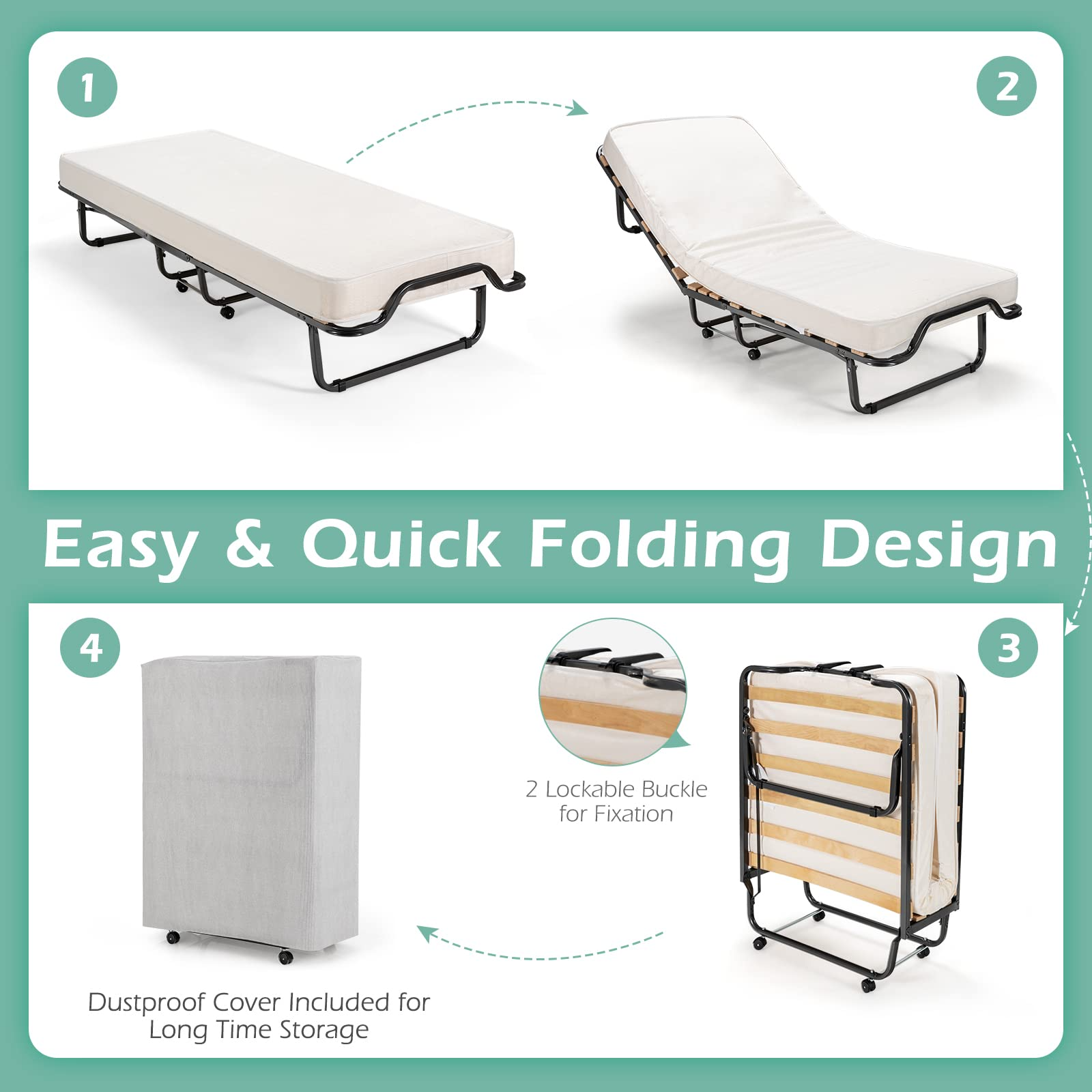 KOMFOTT Folding Bed with 4 Inch Mattress, Storage Cover and Memory Foam Mattress