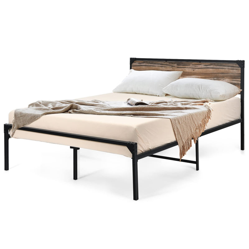 Metal Bed Frame with Wood Headboard, No Box Spring Needed, Easy Assembly