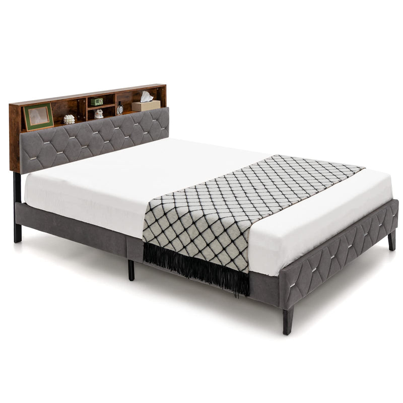 KOMFOTT Upholstered Full/Queen Bed Frame with Storage Headboard, Platform Bed Frame