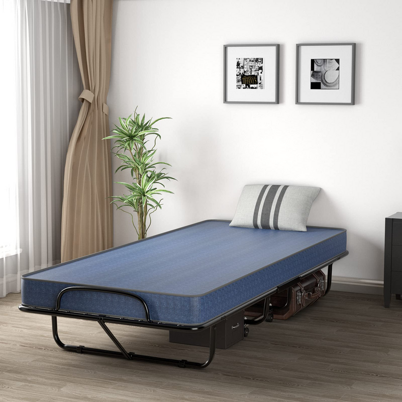 Sturdy Metal Mesh Portable Rollaway Guest Bed 5-Inch Twin Size Memory Foam Mattress