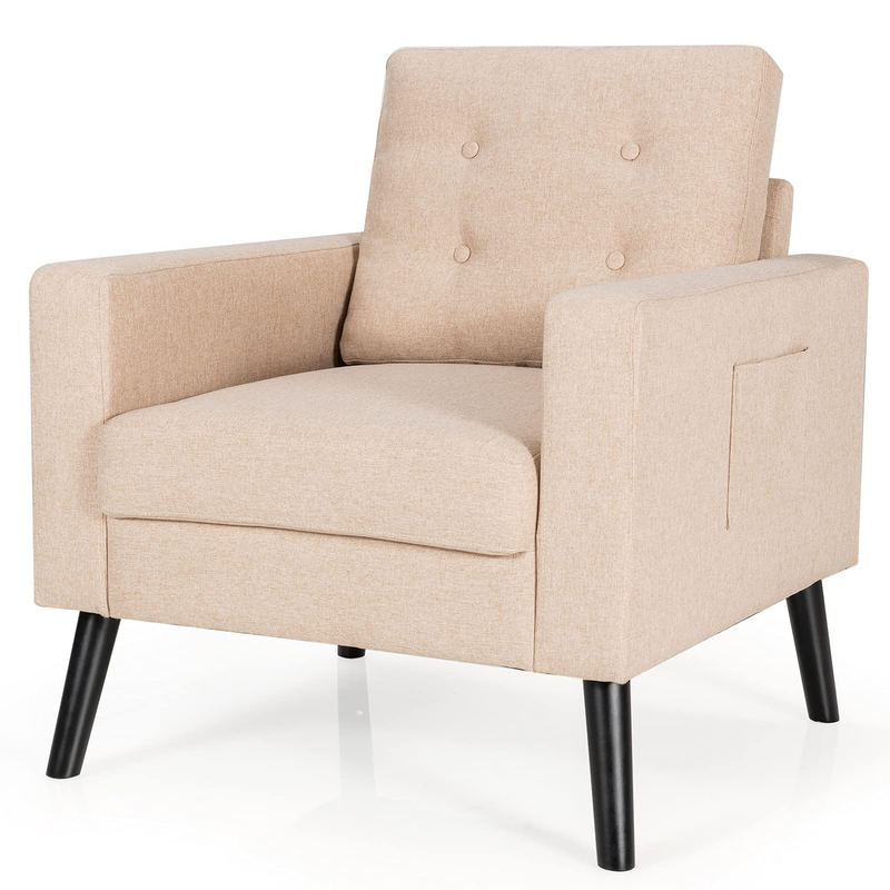 Linen Fabric Armchairs with Side Pockets and Wood Legs | Modern Accent Chair