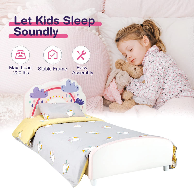 KOMFOTT Kids Bed, Toddler Upholstered Platform Floor Bed w/Headboard & Wooden Slat Base