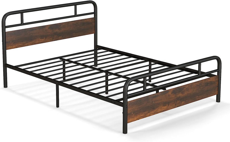 KOMFOTT Twin Size Metal Bed Frame, Industrial Platform Bed with Wood Headboard and Footboard, Rustic Brown